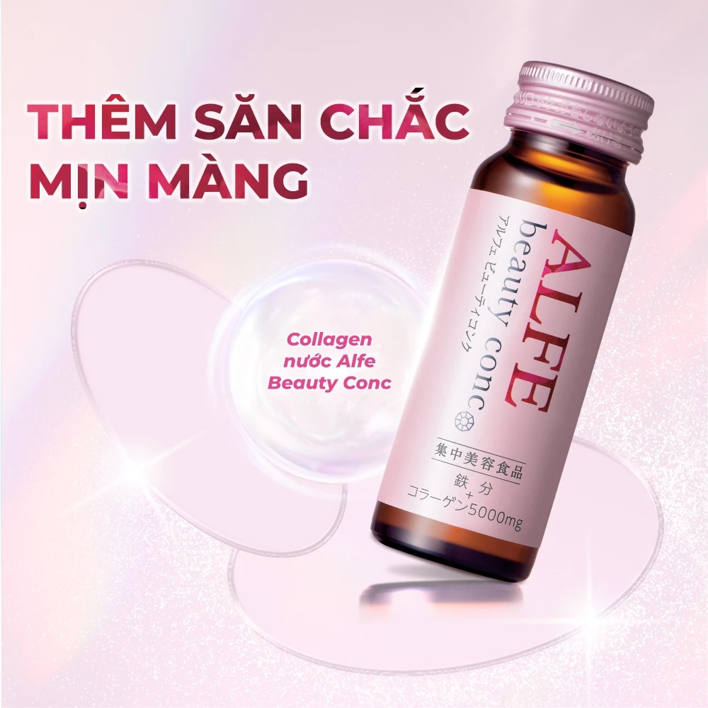 ALFE Beauty Conc Collagen Supplement 50mlx 10pcs - Nước uống bổ sung collagen, elastin và các vitamin thiết yếu, hỗ trợ duy trì độ ẩm và độ đàn hồi của da. Sản phẩm phù hợp để bổ sung vào chế độ chăm sóc da hằng ngày. ALFE-Beauty-Conc-Collagen-Supplement-50mlx-10pcs-1