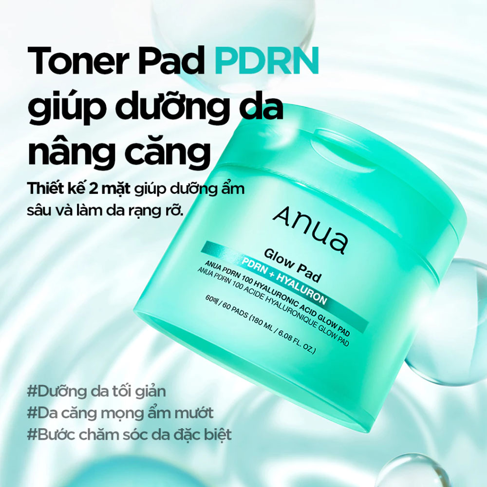 Toner Pad Anua PDRN 100 Hyaluronic Acid Glow Pad 180ml giúp da ẩm mịn, căng bóng và rạng rỡ Toner Pad Anua PDRN 100 Hyaluronic Acid Glow Pad 180ml