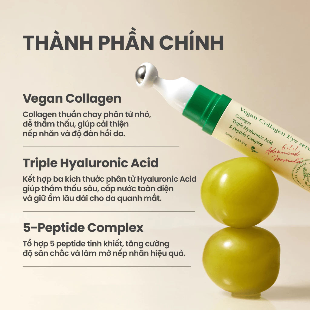 Tinh Chất Dưỡng Mắt Axis-Y Vegan Collagen Eye Serum 10ml là serum dưỡng mắt đầu lăn cao cấp, giúp giảm nếp nhăn, bọng mắt và quầng thâm, mang lại đôi mắt tươi sáng Tinh Chất Dưỡng Mắt Axis-Y Vegan Collagen Eye Serum 10ml - 1