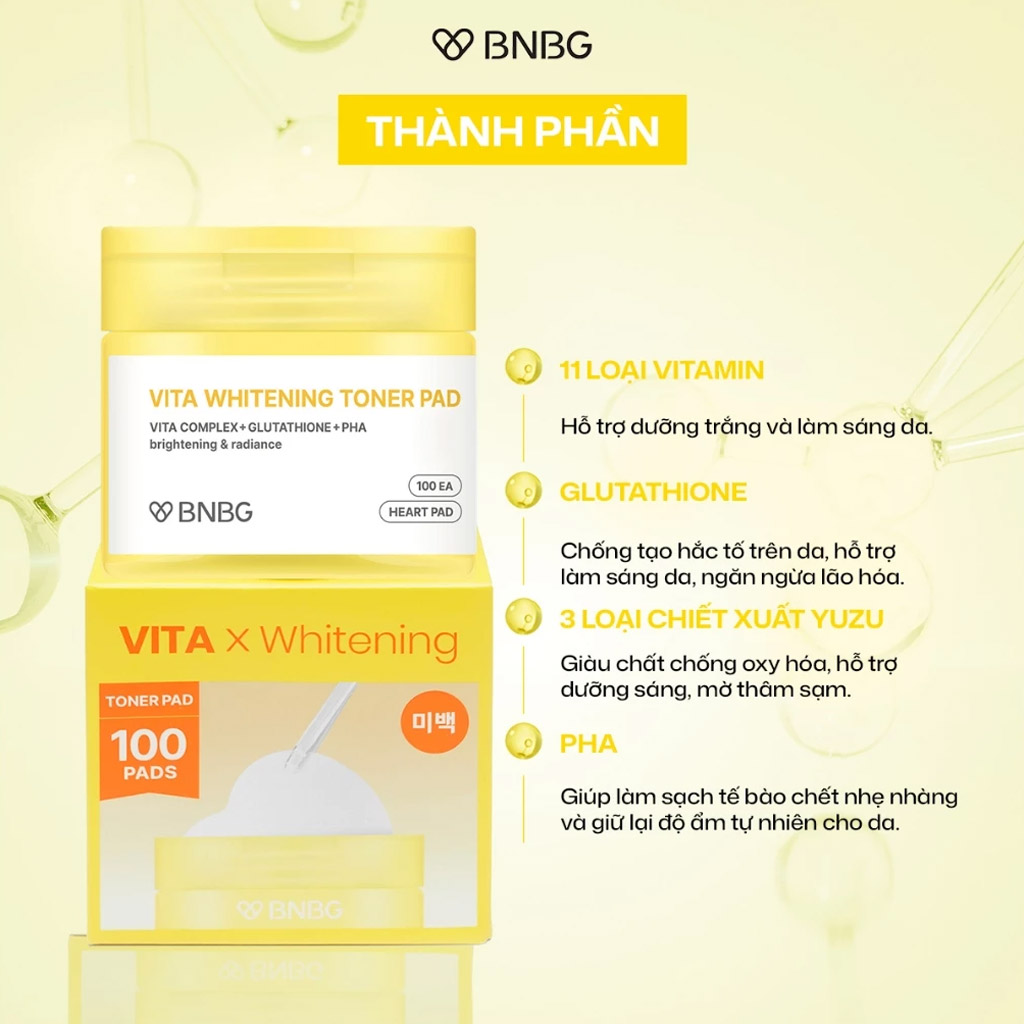 Toner Pad BNBG Vita Whitening Toner Pad 140ml/100pads - cấp ẩm, làm dịu da, dưỡng sáng, đều màu da Toner Pad BNBG Vita Whitening Toner Pad 140ml/100pads