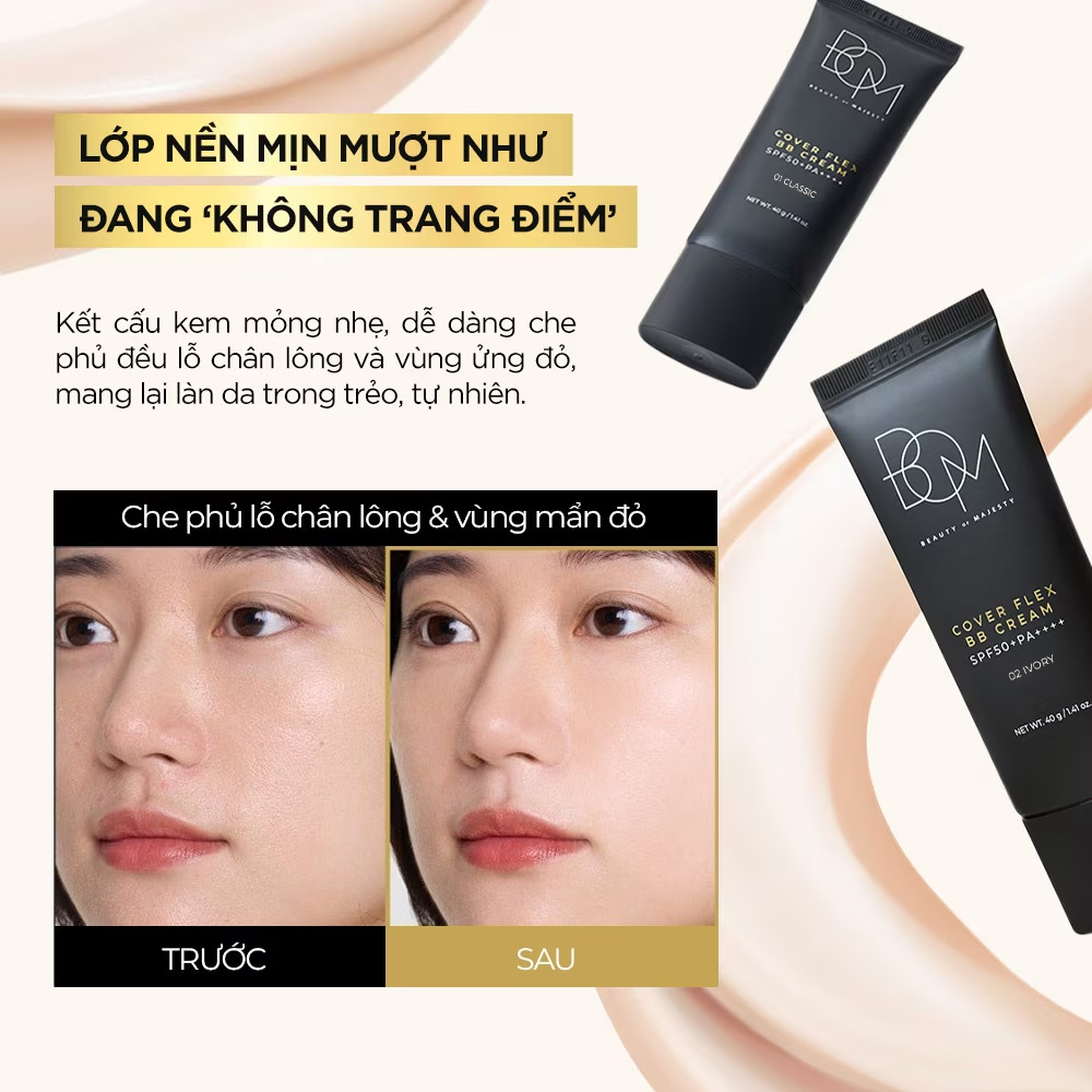 Kem Nền BOM Cover Flex BB Cream SPF50+PA++++ 40g là sự lựa chọn tuyệt vời cho làn da sáng mịn, tự nhiên và được bảo vệ khỏi tác hại của ánh nắng mặt trời Kem Nền BOM Cover Flex BB Cream SPF50+ PA++++ 40g - 1