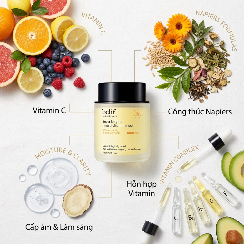 Mặt nạ ngủ Belif Super Knights Multi Vitamin Mask giúp cấp ẩm và nuôi dưỡng làn da qua đêm, mang lại làn da mềm mịn, tươi tắn và rạng rỡ hơn ngay khi thức dậy. Mặt nạ ngủ Belif Super Knights Multi Vitamin Mask