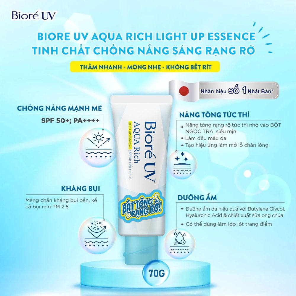 Tinh Chất Chống Nắng Bioré UV Aqua Rich Bật Tông Sáng Da Light Up Essence SPF50+ PA++++ 70g là tinh chất chống nắng cao cấp giúp bảo vệ da tối ưu khỏi tia UVA/UVB Tinh Chất Chống Nắng Bioré UV Aqua Rich Bật Tông Sáng Da Light Up Essence SPF50+ PA++++ 70g - 1