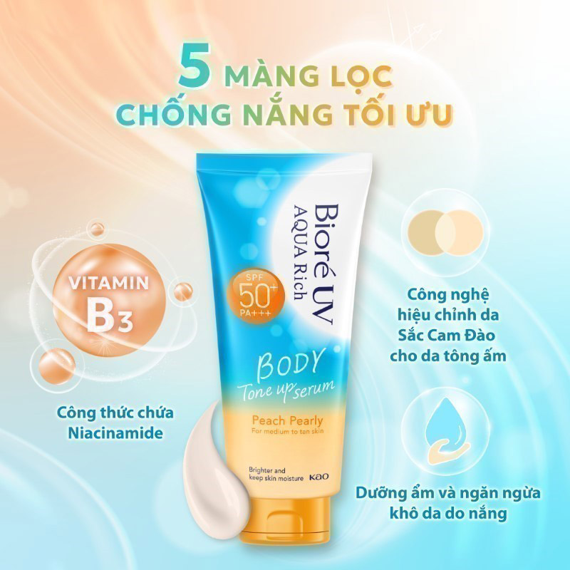 Serum Chống Nắng Biore UV Aqua Rich Dưỡng Thể Nâng Tông Body Tone Up Peach Pearly SPF50+ PA+++ 130ml - 1