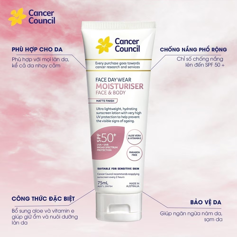 Cancer Council Sunscreen Face Day Wear Moisturizer Matte Invisible SPF50+ UVA-UVB 75ml