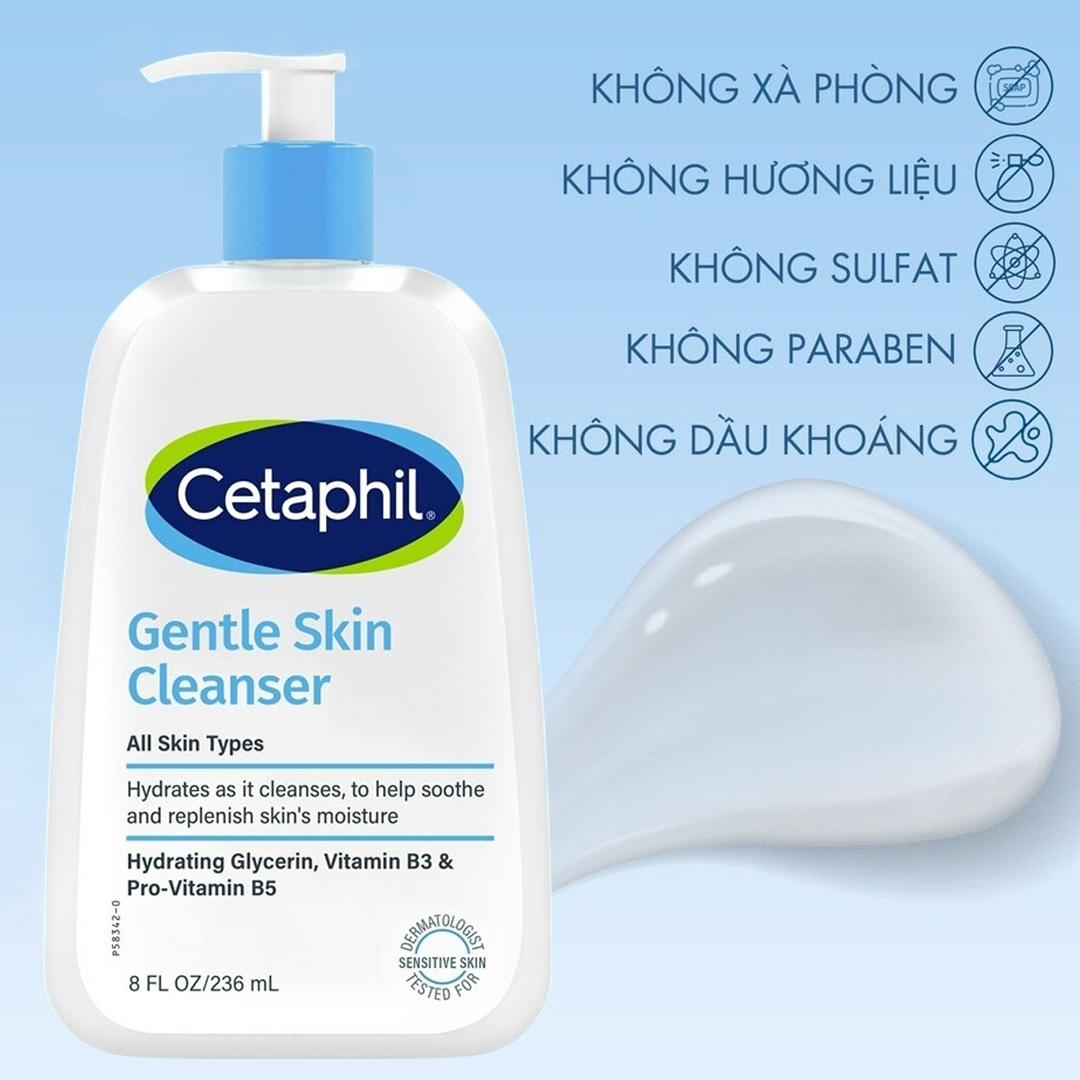 Cetaphil Gentle Skin Cleanser 236ml - Sữa rửa mặt làm sạch bụi bẩn và tạp chất một cách nhẹ nhàng, phù hợp để sử dụng hằng ngày. Công thức hỗ trợ duy trì độ ẩm, giúp da mềm mại và không bị khô căng sau khi rửa. Cetaphil-Gentle-Skin-Cleanser-236ml-1