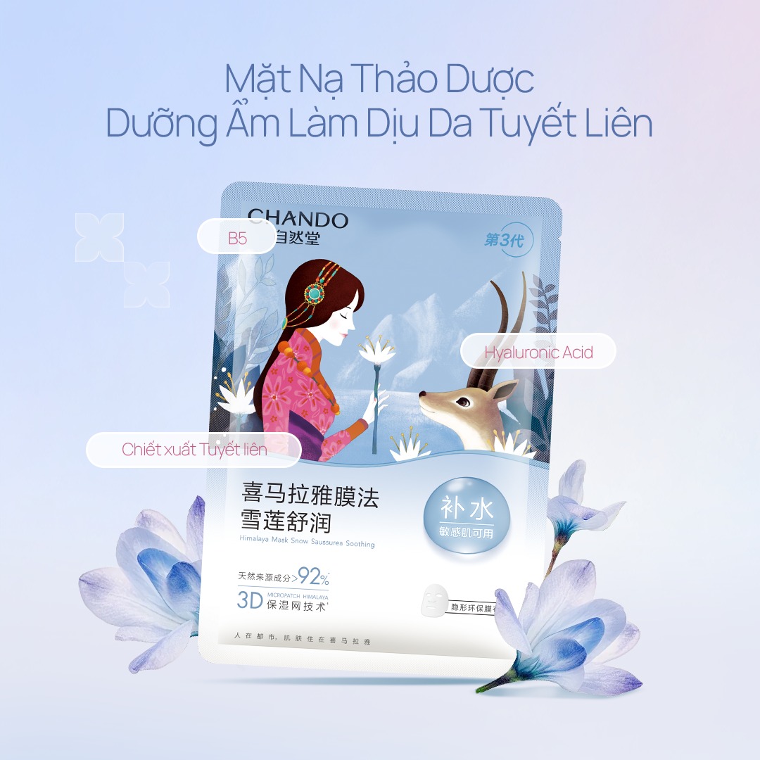 Mặt Nạ Thảo Dược Chando Himalaya Snow Saussurea Soothing Mask Dưỡng Ẩm Làm Dịu Da 26ml giúp cấp ẩm tức thì và làm dịu làn da khô căng, dễ kích ứng. Mặt Nạ Thảo Dược Chando Himalaya Snow Saussurea Soothing Mask Dưỡng Ẩm Làm Dịu Da 26ml