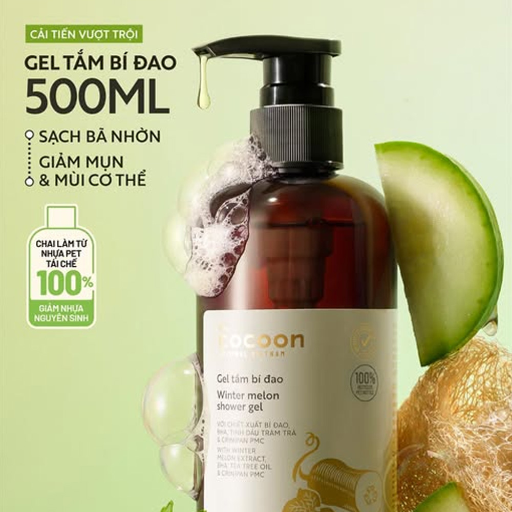 Cocoon Winter Melon Shower Gel 500ml - Gel tắm giúp làm sạch bã nhờn, hỗ trợ chăm sóc vùng da cơ thể có mụn và duy trì độ ẩm. Hương thơm từ tinh dầu tràm trà mang lại cảm giác sạch thoáng sau khi tắm. Cocoon-Winter-Melon-Shower-Gel-500ml-1