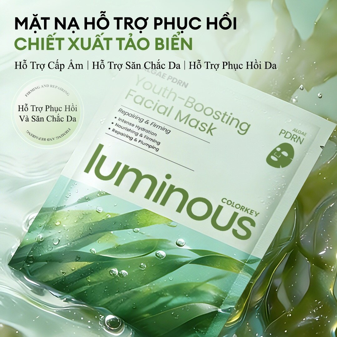 Mặt Nạ Colorkey Luminous Algae PDRN Youth-Boosting Facial Mask 25ml - Giúp làm dịu da và giảm cảm giác khó chịu, Cấp ẩm nhẹ, giúp da mềm mại hơn, Mang lại cảm giác mát dịu, dễ chịu khi đắp, Giúp da trông ổn định và khỏe mạnh hơn Mặt Nạ Colorkey Luminous Algae PDRN Youth-Boosting Facial Mask 25ml
