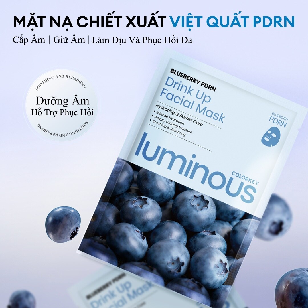 Mặt Nạ Colorkey Luminous Blueberry PDRN Drink Up Facial Mask 25ml - Giúp làm dịu da và giảm cảm giác khó chịu, Cấp ẩm nhẹ, giúp da mềm mại hơn, Mang lại cảm giác mát dịu, dễ chịu khi đắp, Giúp da trông ổn định và khỏe mạnh hơn Mặt Nạ Colorkey Luminous Blueberry PDRN Drink Up Facial Mask 25ml