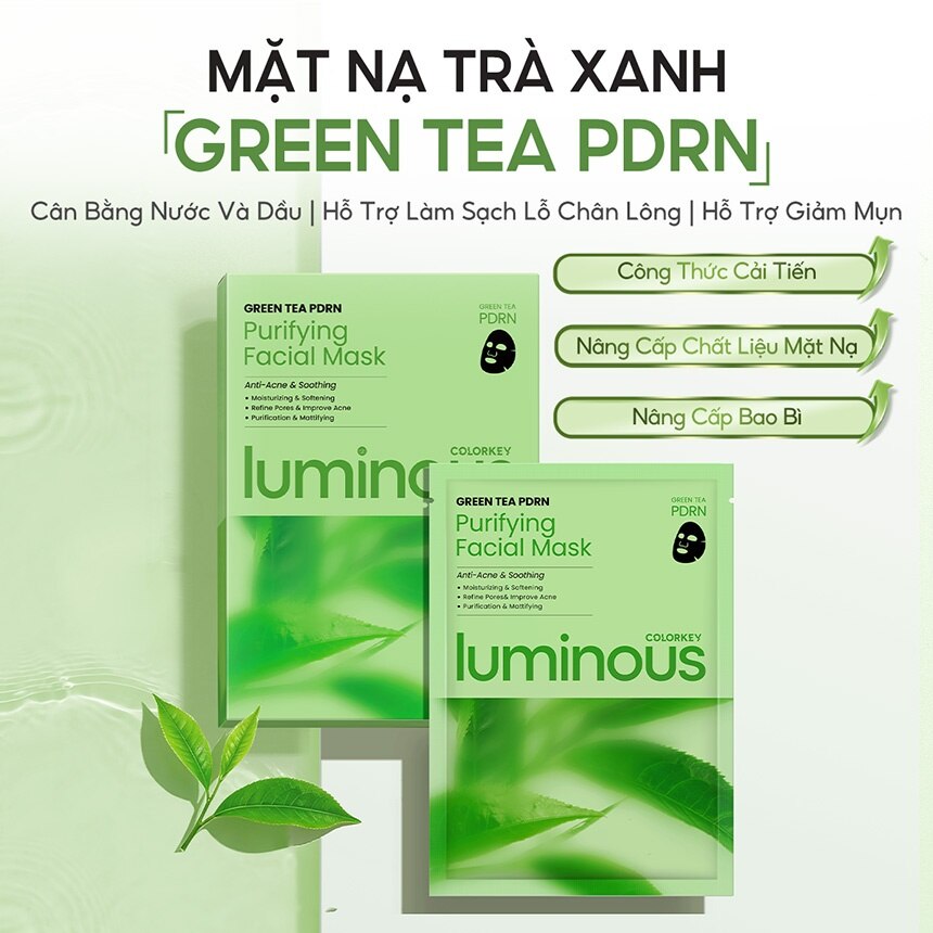 Hộp Mặt Nạ Colorkey Luminous Green Tea PDRN Purifying Facial Mask 25ml x 10pcs