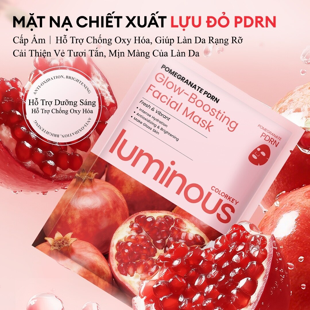 Mặt Nạ Colorkey Luminous Pomegranate PDRN Glow-Boosting Facial Mask 25ml - Giúp da trông tươi tắn và rạng rỡ hơn, Hỗ trợ làm đều màu da, Cấp ẩm nhẹ, giúp da mềm mại, Mang lại cảm giác fresh và dễ chịu sau khi sử dụng Mặt Nạ Colorkey Luminous Pomegranate PDRN Glow-Boosting Facial Mask 25ml