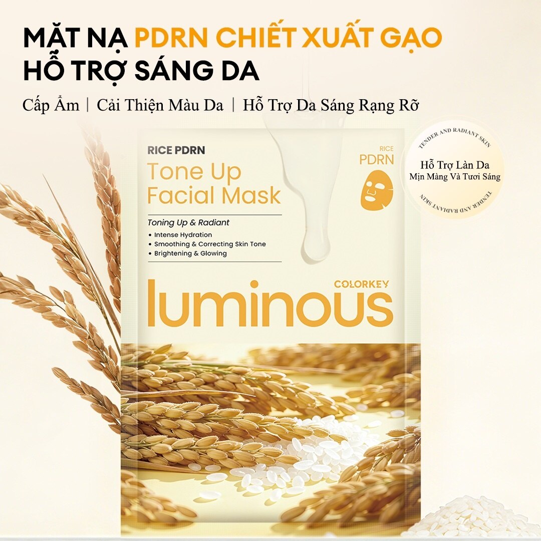 Mặt Nạ Colorkey Luminous Rice PDRN Tone Up Facial Mask 25ml - Giúp da trông tươi tắn và rạng rỡ hơn, Hỗ trợ làm đều màu da, Cấp ẩm nhẹ, giúp da mềm mại, Mang lại cảm giác fresh và dễ chịu sau khi sử dụng Mặt Nạ Colorkey Luminous Rice PDRN Tone Up Facial Mask 25ml