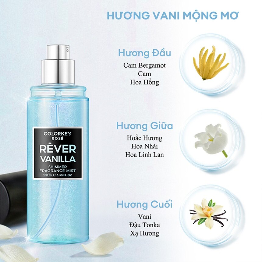 Colorkey Rosé Rêver Vanilla Shimmer Fragrance Mist 100ml - Xịt thơm toàn thân mang hương vanilla, kết hợp nhũ shimmer tạo hiệu ứng lấp lánh trên da. Sản phẩm vừa lưu hương cho cơ thể, vừa tạo điểm nhấn ánh nhũ nhẹ nhàng. Colorkey-Rose-Rever-Vanilla-Shimmer-Fragrance-Mist-100ml-1