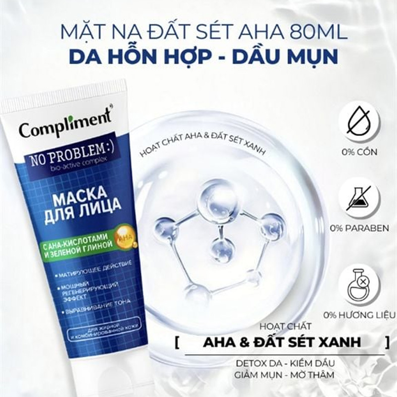 Mặt Nạ Đất Sét Compliment Giảm Mụn và Làm Đều Màu Da No Problem with AHA and Green Clay 80ml
