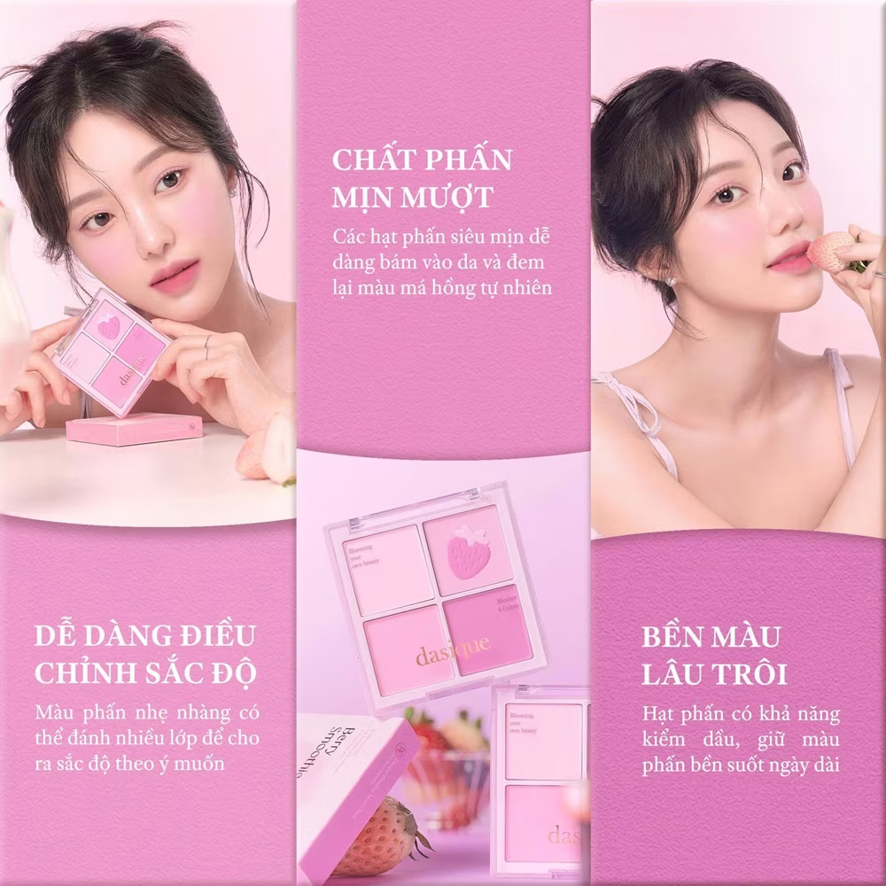 Phấn Má Hồng Dasique Blending Mood Cheek gồm 4 ô màu đào xinh xắn Phấn Má Hồng Dasique Blending Mood Cheek