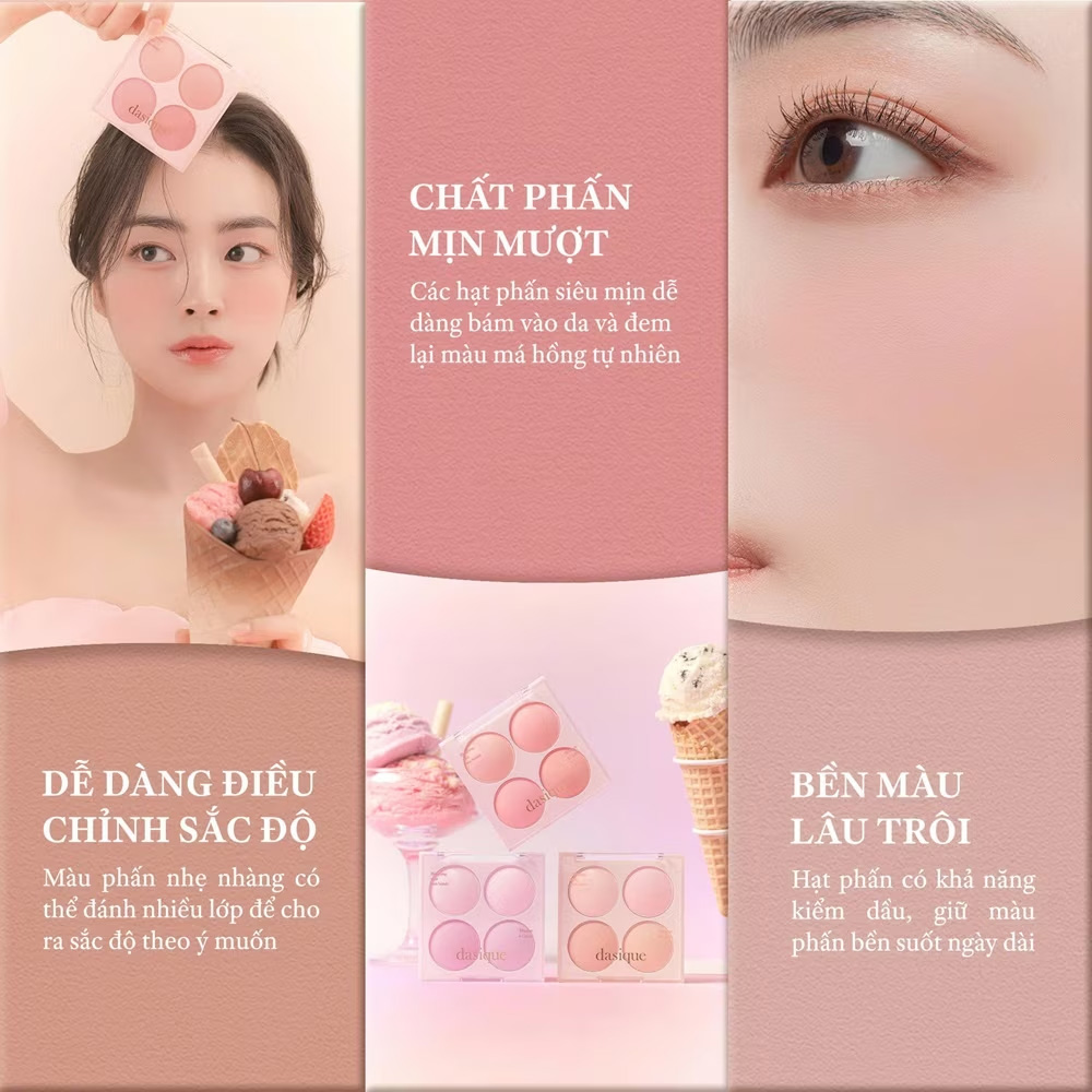 Phấn Má Hồng Dasique Blending Mood Cheek gồm 4 ô màu đào xinh xắn Phấn Má Hồng Dasique Blending Mood Cheek