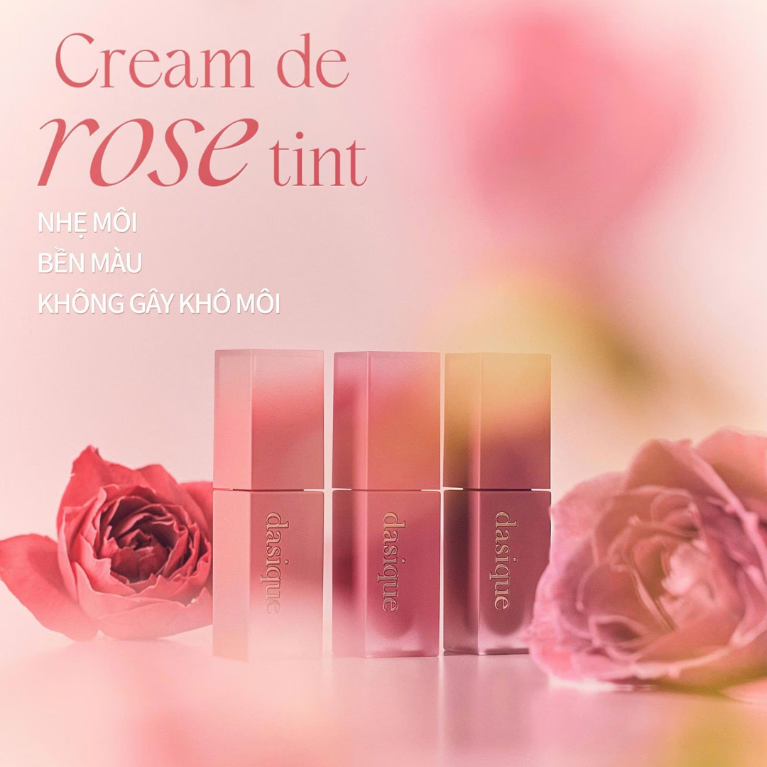 Son Kem Dasique Cream De Rose Tint 3g có chất son nhung mịn, mỏng nhẹ, lấp đầy rãnh môi và lên màu chuẩn Son Kem Dasique Cream De Rose Tint 3g