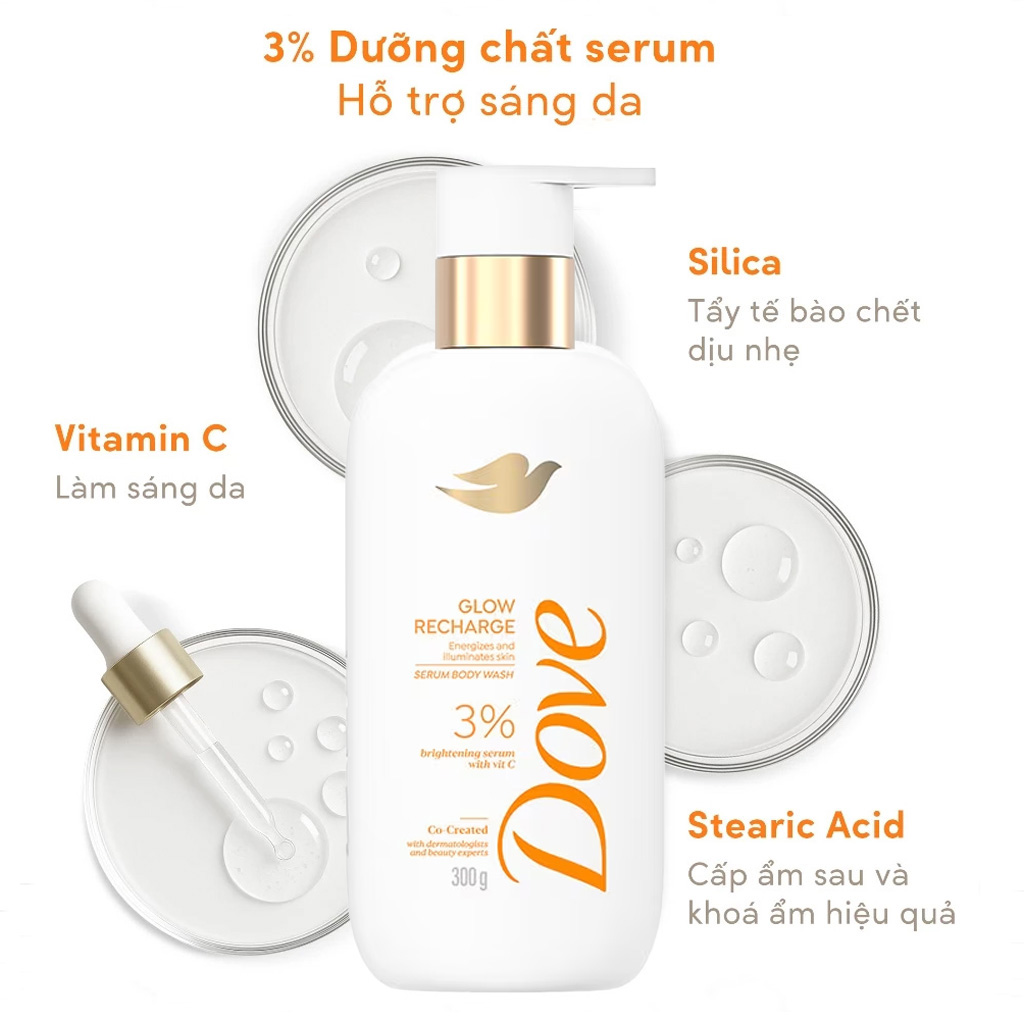 Dove Glow Recharge Serum Body Wash 300g - Sữa tắm chứa 3% serum dưỡng sáng cùng Vitamin C, giúp làm sạch và chăm sóc làn da xỉn màu. Công thức hỗ trợ duy trì độ ẩm và giúp bề mặt da trông đều màu, căng bóng hơn. Dove-Glow-Recharge-Serum-Body-Wash-300g-1