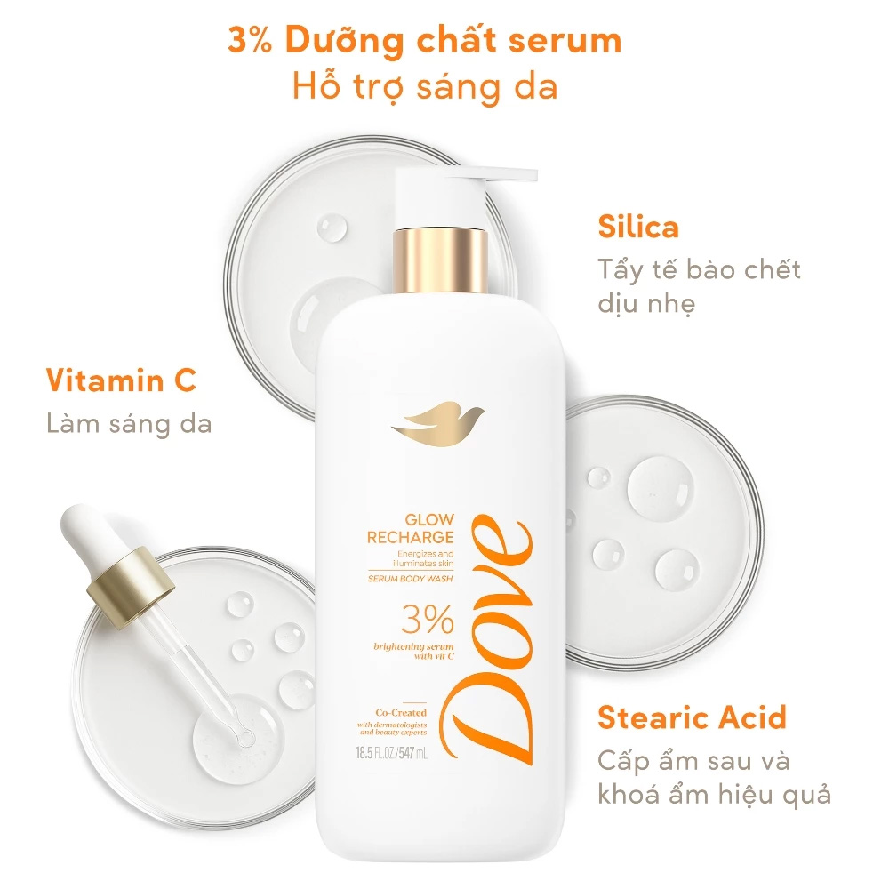 Sữa Tắm Dưỡng Ẩm Sáng Da Dove Glow Recharge Serum Body Wash 547ml là giải pháp dành cho làn da xỉn màu, kém rạng rỡ hoặc không đều màu