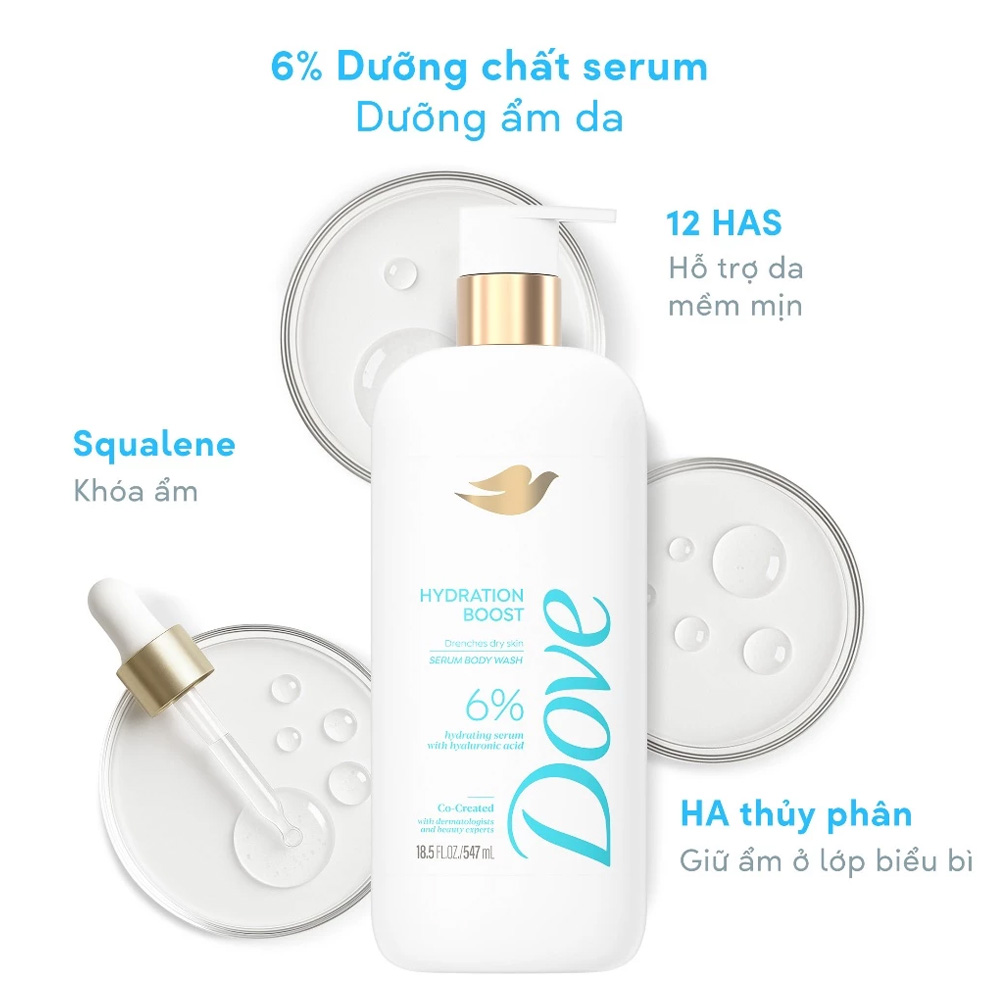Sữa Tắm Dưỡng Ẩm Dove Hydration Boost Serum Body Wash 547ml được thiết kế dành cho làn da khô đến rất khô, với công thức giàu dưỡng chất giúp cấp ẩm tức thì và duy trì độ mềm mịn 