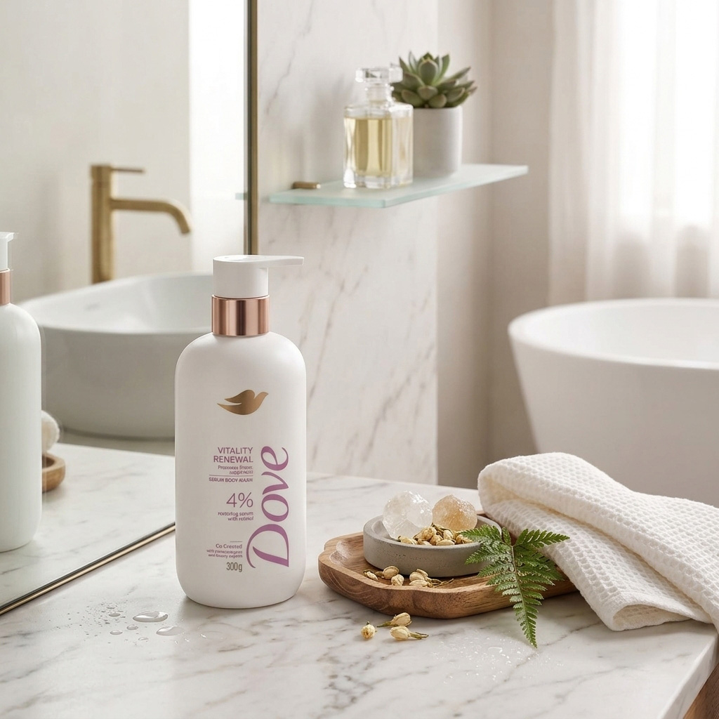 Dove Vitality Renewal Serum Body Wash 300g - Sữa tắm chứa 4% serum phục hồi, kết hợp collagen, glycerin nguyên chất và công nghệ MicroMoisture. Công thức giúp làm sạch, đồng thời hỗ trợ nuôi dưỡng để da có cảm giác mềm mịn hơn. Dove-Vitality-Renewal-Serum-Body-Wash-300g-1