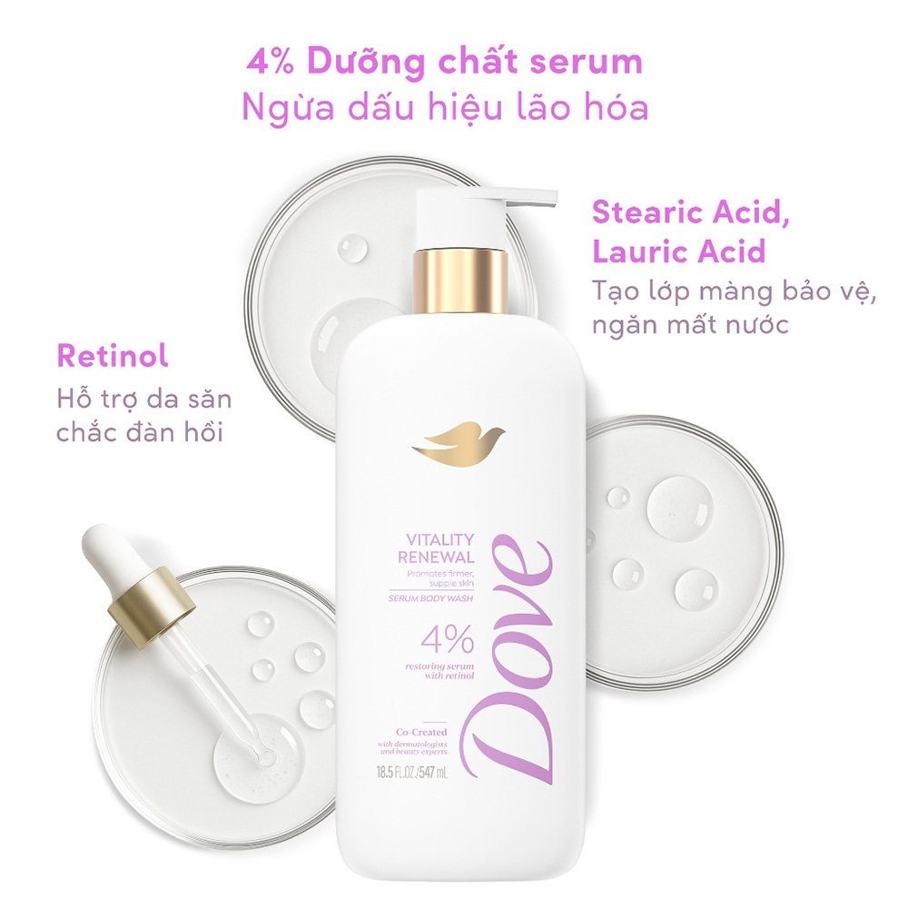 Sữa Tắm Dưỡng Ẩm Dove Vitality Renewal Serum Body Wash Cho Da Lão Hóa 547ml Sữa Tắm Dưỡng Ẩm Dove Vitality Renewal Serum Body Wash Cho Da Lão Hóa 547ml là sản phẩm chăm sóc cơ thể dành riêng cho da lão hóa, da trưởng thành hoặc da thiếu đàn hồi