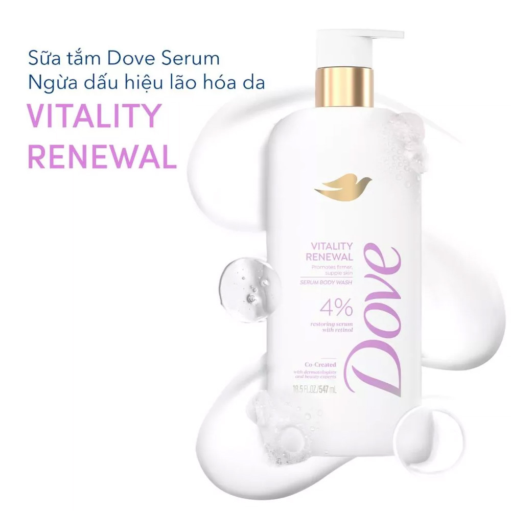 Sữa Tắm Dưỡng Ẩm Dove Vitality Renewal Serum Body Wash Cho Da Lão Hóa 547ml Sữa Tắm Dưỡng Ẩm Dove Hydration Boost Serum Body Wash 547ml phù hợp cho mọi loại da