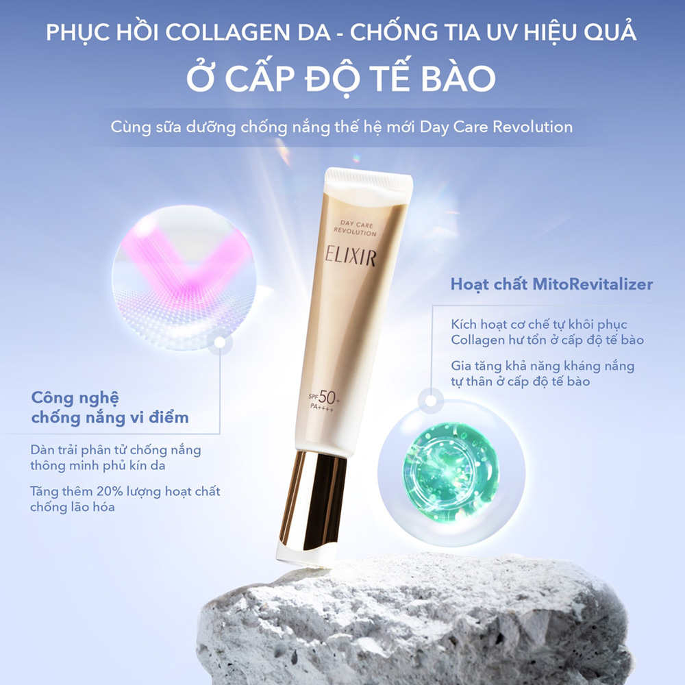 Elixir Day Care Revolution Sunscreen SPF50+ PA++++ bổ sung dưỡng chất giúp da tươi sáng, săn chắc từ bề mặt đến sâu bên trong
