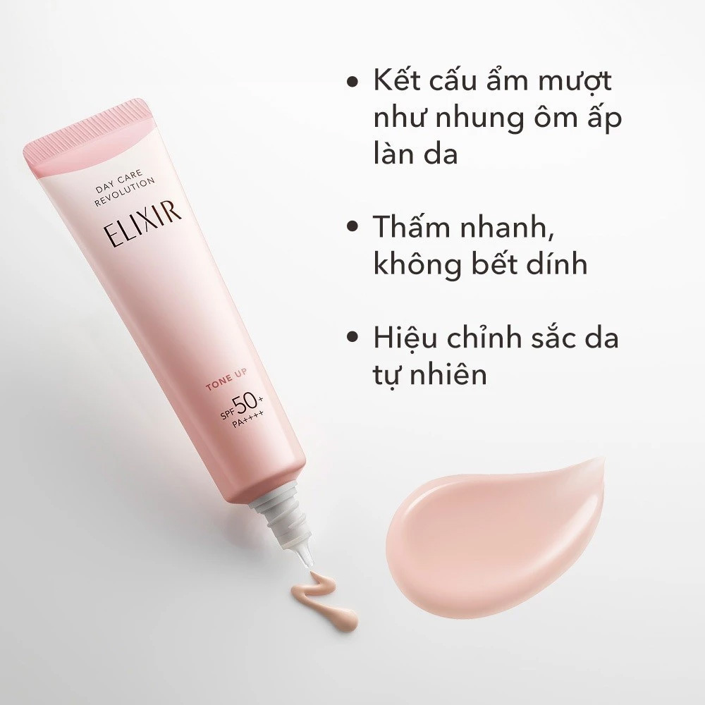 Sữa chống nắng nâng tông Elixir Day Care Revolution Tone Up SPF50+ PA++++ với kết cấu ẩm mượt, thấm nhanh và hiệu chỉnh sắc da tự nhiên