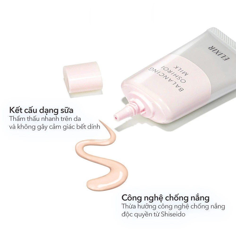 Sữa chống nắng kiềm dầu Elixir Reflet Balancing Oshiroi Milk với kết cấu dạng sữa mỏng nhẹ thấm nhanh, không gây bết dính