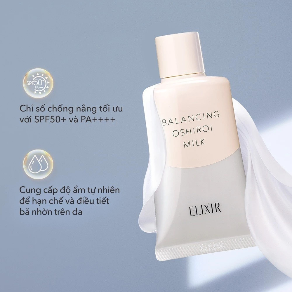 Sữa chống nắng Elixir Balancing Oshiroi Milk SPF50+ PA++++ cung cấp độ ẩm tự nhiên và hỗ trợ kiềm dầu cho da.