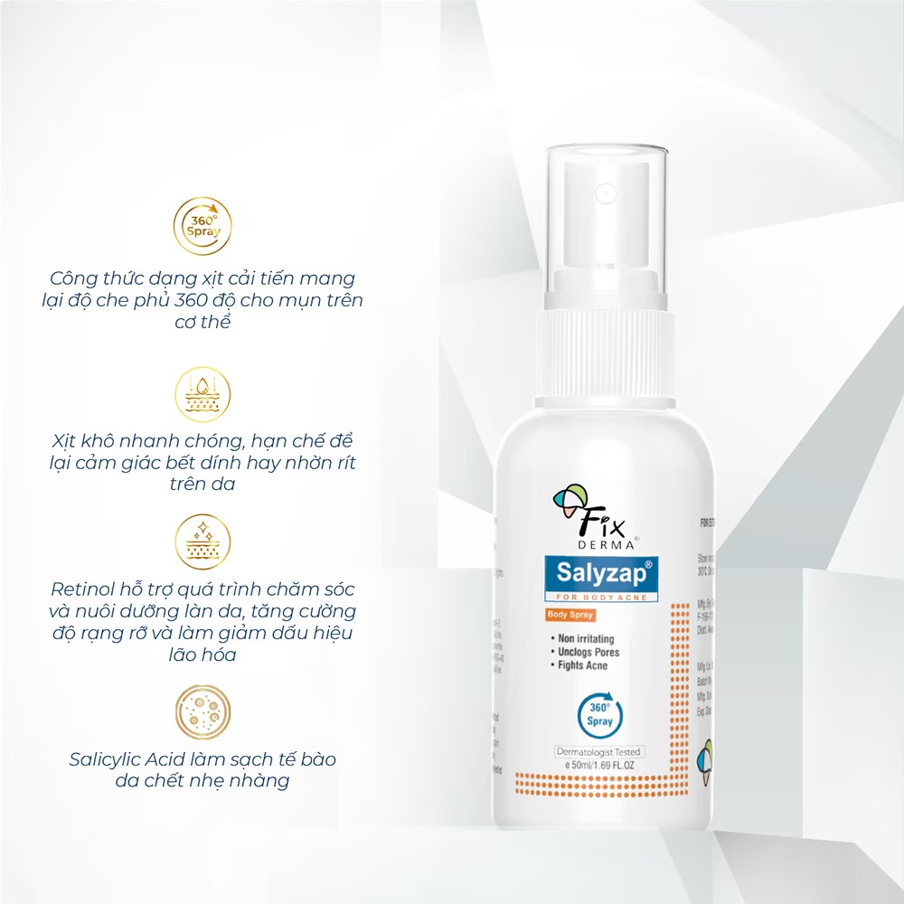 Xịt dưỡng Fixderma Salyzap For Body Acne Body Spray Giảm Mụn Lưng & Cơ Thể 50ml