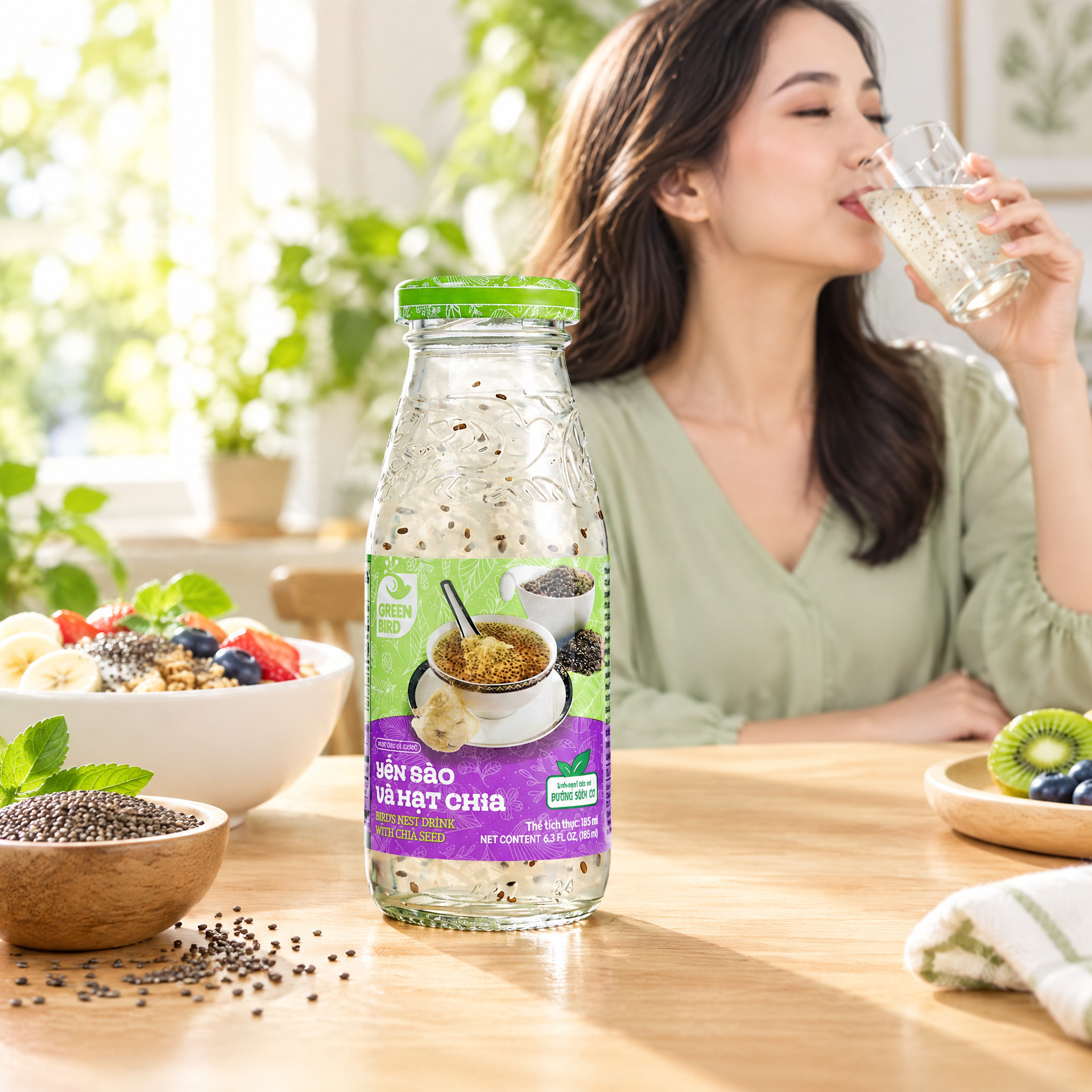 Green Bird Bird's Nest Drink&Chia Seeds 185ml - Phù hợp với: Nước uống kết hợp yến sào và hạt chia, bổ sung năng lượng, axit amin cùng các dưỡng chất từ hai thành phần này. Green-Bird-Bird-s-Nest-Drink-Chia-Seeds-185ml-2