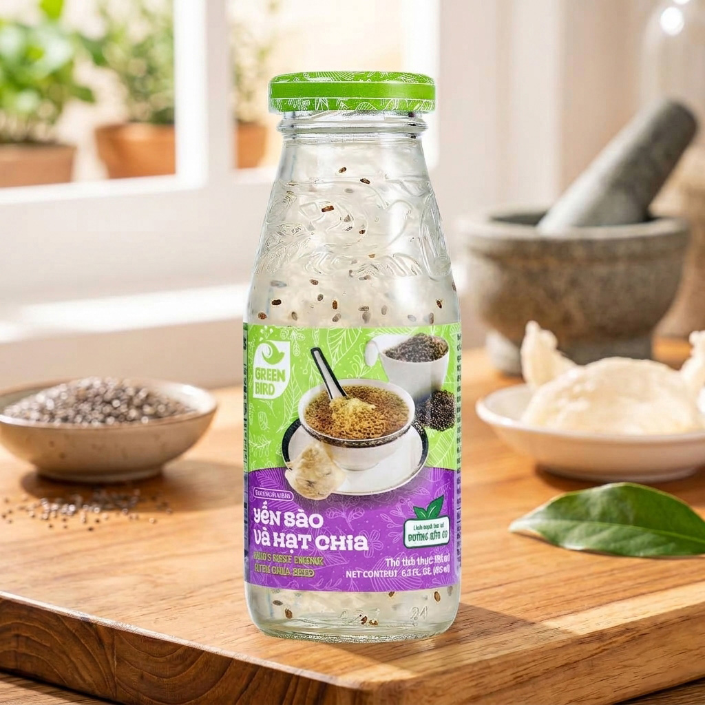 Green Bird Bird's Nest Drink&Chia Seeds 185mlx 6pcs - Lốc 6 lon nước uống kết hợp yến sào và hạt chia, bổ sung năng lượng, axit amin cùng các dưỡng chất. Sản phẩm có vị ngọt thanh từ đường hữu cơ và tiện dùng hằng ngày. Green-Bird-Bird-s-Nest-Drink-Chia-Seeds-185mlx-6pcs-1