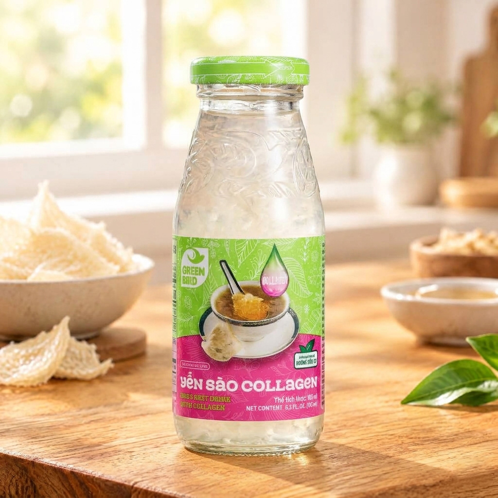 Green Bird Bird's Nest Drink & Collagen 185ml - Nước uống kết hợp yến sào và collagen, bổ sung năng lượng, axit amin cùng các dưỡng chất từ hai thành phần này. Hương vị thanh nhẹ từ đường hữu cơ giúp sản phẩm dễ uống. Green-Bird-Bird-s-Nest-Drink-Collagen-185ml-1
