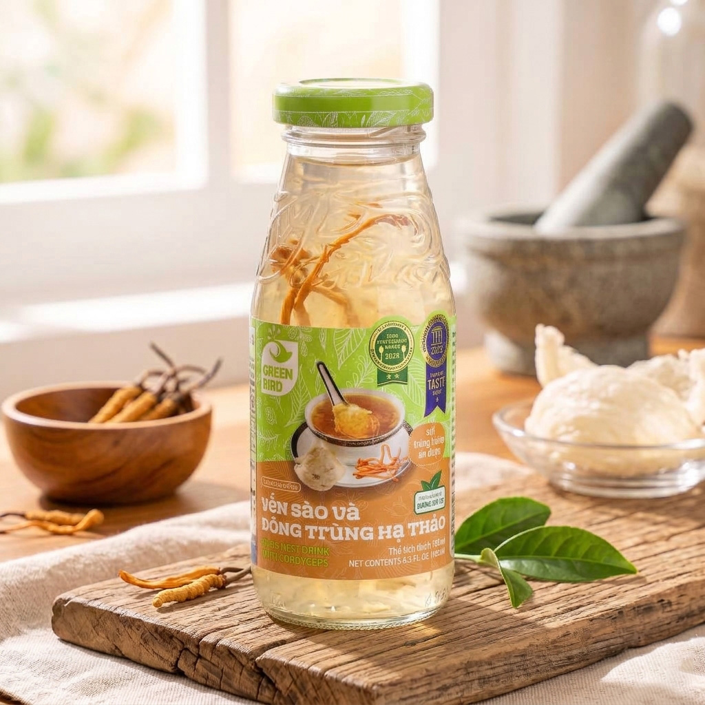 Green Bird Bird's Nest Drink &Cordyceps 185ml - Nước uống kết hợp yến sào với nguyên sợi đông trùng hạ thảo, bổ sung năng lượng, axit amin và các dưỡng chất. Sản phẩm có vị ngọt thanh từ đường hữu cơ, phù hợp dùng trong những ngày bận rộn. Green-Bird-Bird-s-Nest-Drink-Cordyceps-185ml-1
