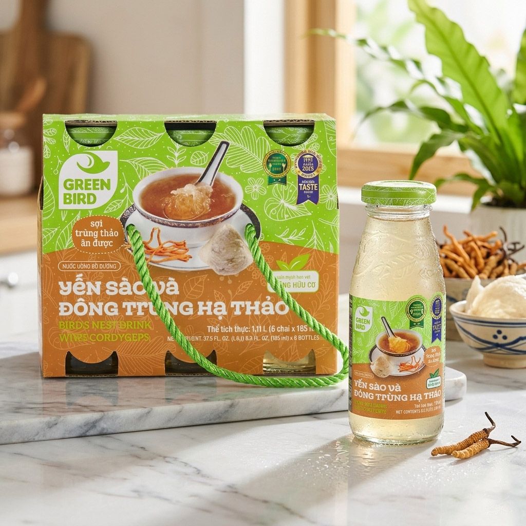 Green Bird Bird's Nest Drink &Cordyceps 185mlx 6pcs - Phù hợp với: Lốc 6 lon nước uống kết hợp yến sào với nguyên sợi đông trùng hạ thảo, bổ sung năng lượng, axit amin và các dưỡng chất. Green-Bird-Bird-s-Nest-Drink-Cordyceps-185mlx-6pcs-2