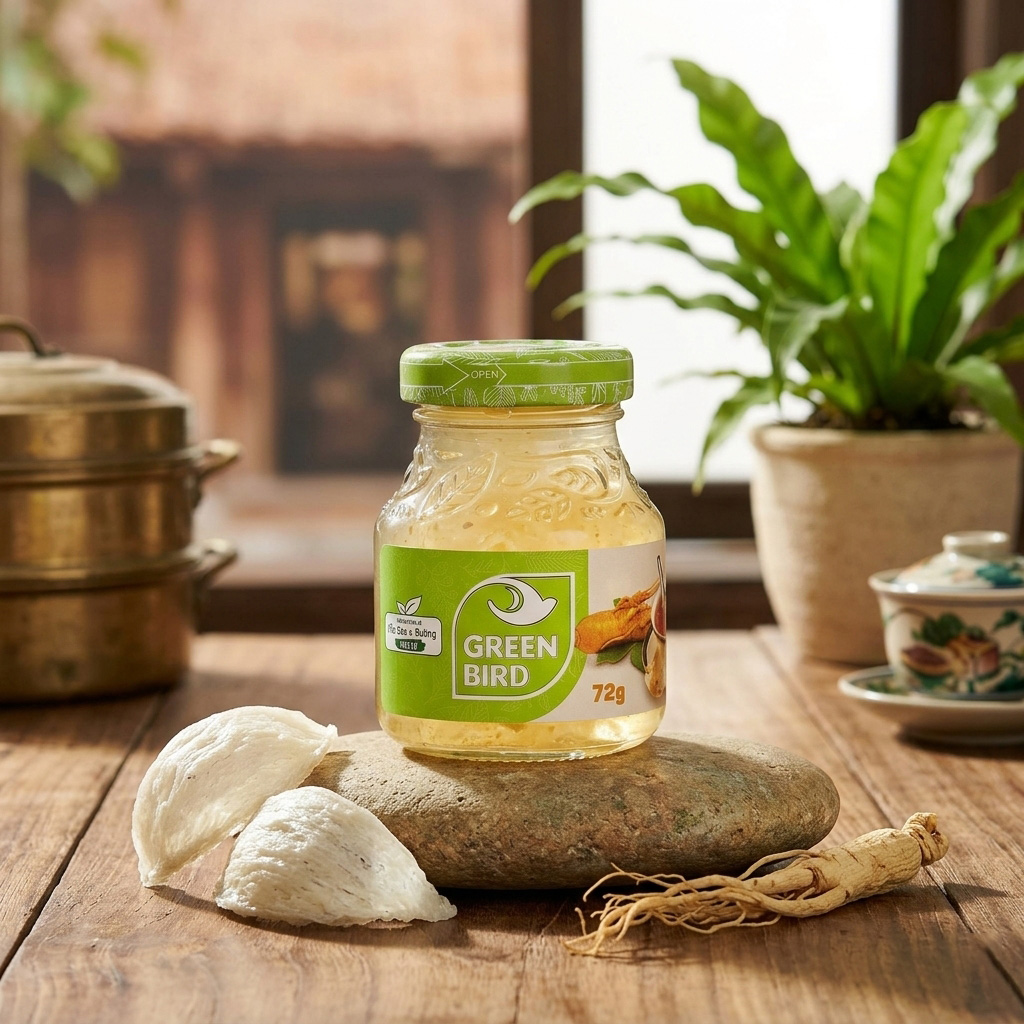 Green Bird Bird's Nest Drink&Ginseng 72gx 4pcs - Sản phẩm kết hợp sợi yến và sâm lát cùng vị ngọt nhẹ từ đường phèn và đường hữu cơ. Quy cách 4 hũ tiện dùng hằng ngày hoặc làm quà tặng cho người thân. Green-Bird-Bird-s-Nest-Drink-Ginseng-72gx-4pcs-1