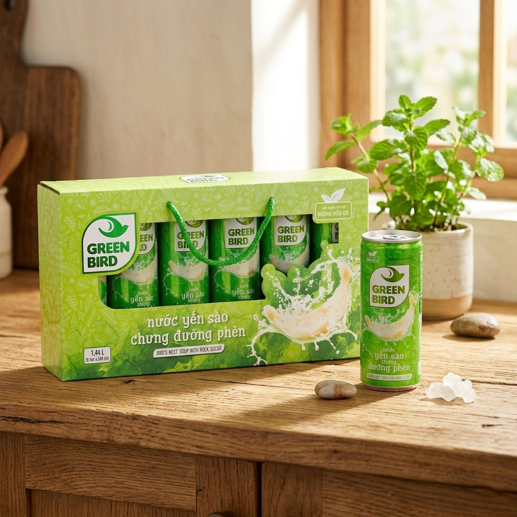 Green Bird Bird's Nest Drink&Rock Sugar 240mlx 6pcs - Nước yến sào chưng cùng đường hữu cơ có vị ngọt dịu, thanh mát. Sản phẩm được đóng lon tiện lợi, phù hợp để bổ sung năng lượng trong ngày. Green-Bird-Bird-s-Nest-Drink-Rock-Sugar-240mlx-6pcs-1