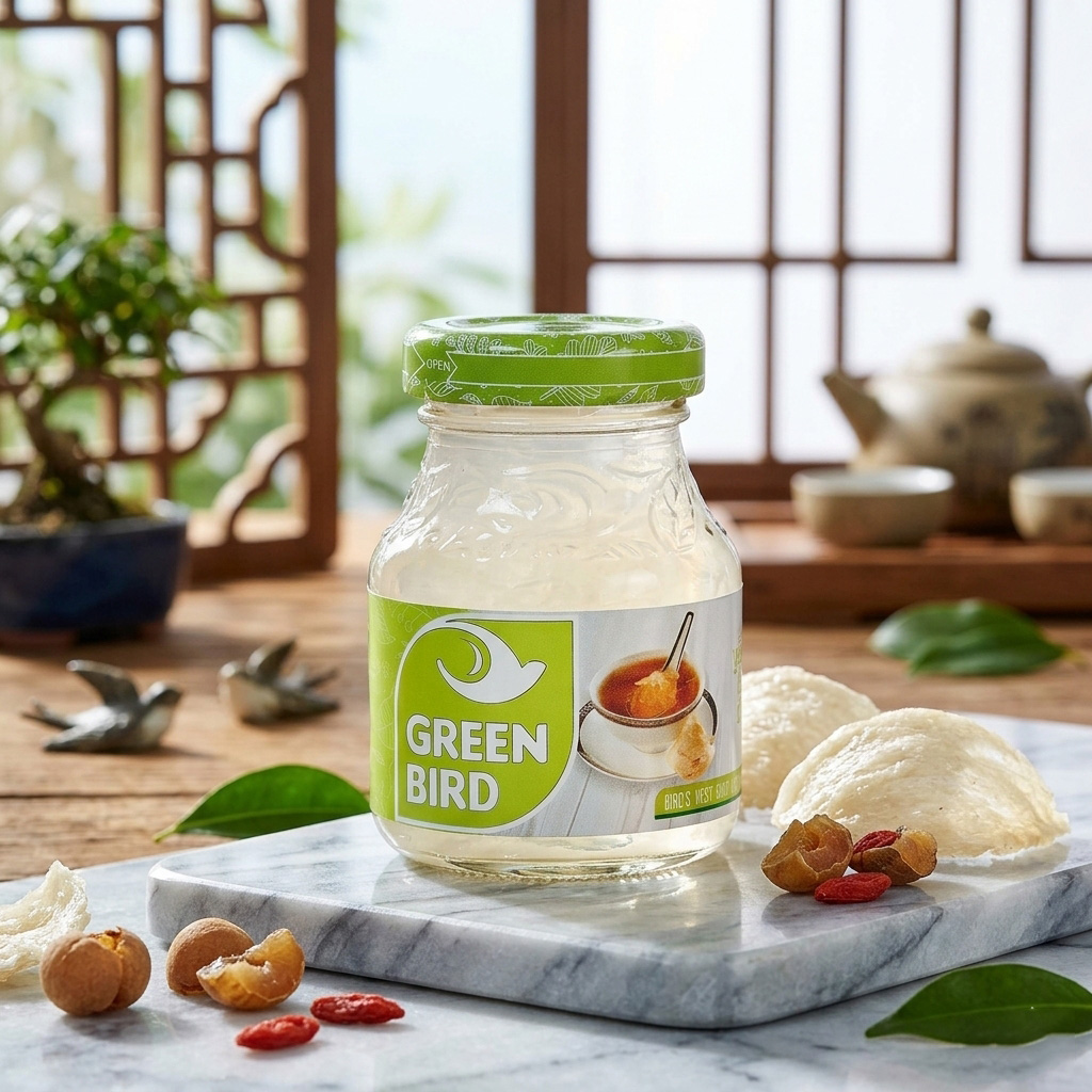 Green Bird Bird's Nest Drink&Rock Sugar 72gx 4pcs - Sản phẩm gồm sợi yến chưng cùng đường hữu cơ, mang vị ngọt dịu và dễ thưởng thức. Quy cách 4 hũ nhỏ gọn, phù hợp để sử dụng hằng ngày hoặc làm quà tặng. Green-Bird-Bird-s-Nest-Drink-Rock-Sugar-72gx-4pcs-1