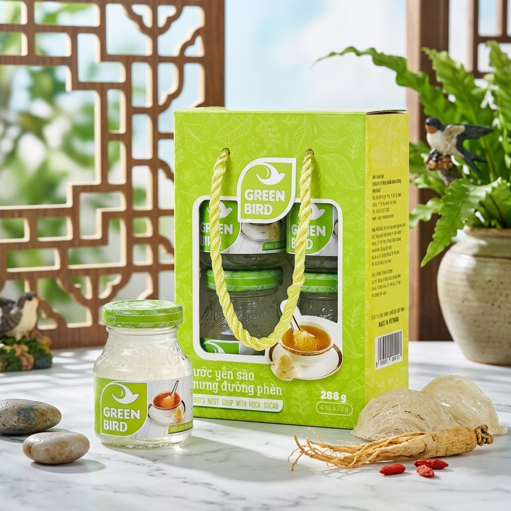 Green Bird Bird's Nest Drink&Rock Sugar 72gx 4pcs - Phù hợp với: Quy cách 4 hũ nhỏ gọn, phù hợp để sử dụng hằng ngày hoặc làm quà tặng. Green-Bird-Bird-s-Nest-Drink-Rock-Sugar-72gx-4pcs-2