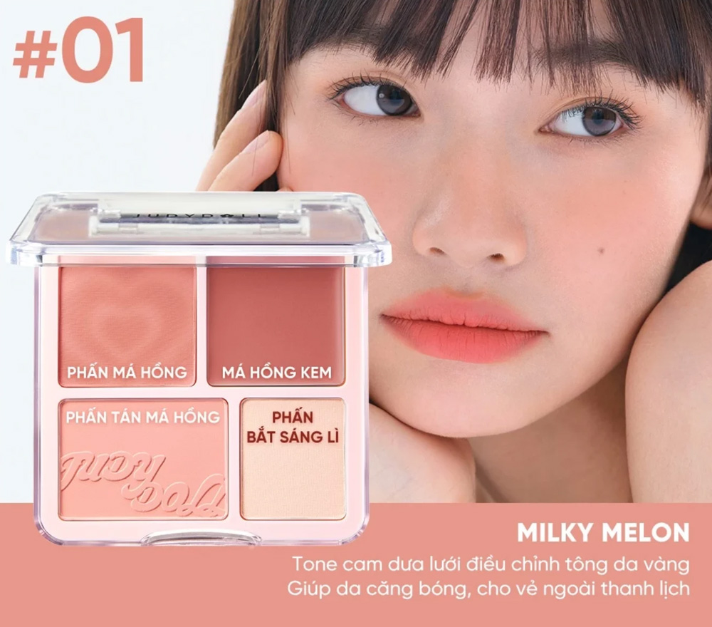 Phấn Má Hồng & Bắt Sáng 4 Ô Judydoll Blush & Highlight Palette 9g .#01 Tông Ấm