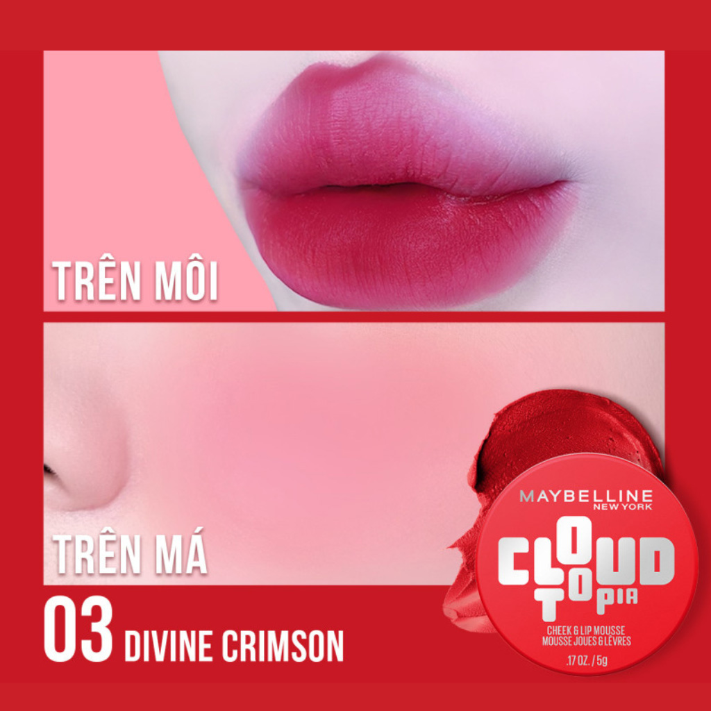 Má Hồng & Son Maybelline Cloudtopia Cheek & Lip Mousse 5g .#03 Divine Crimson