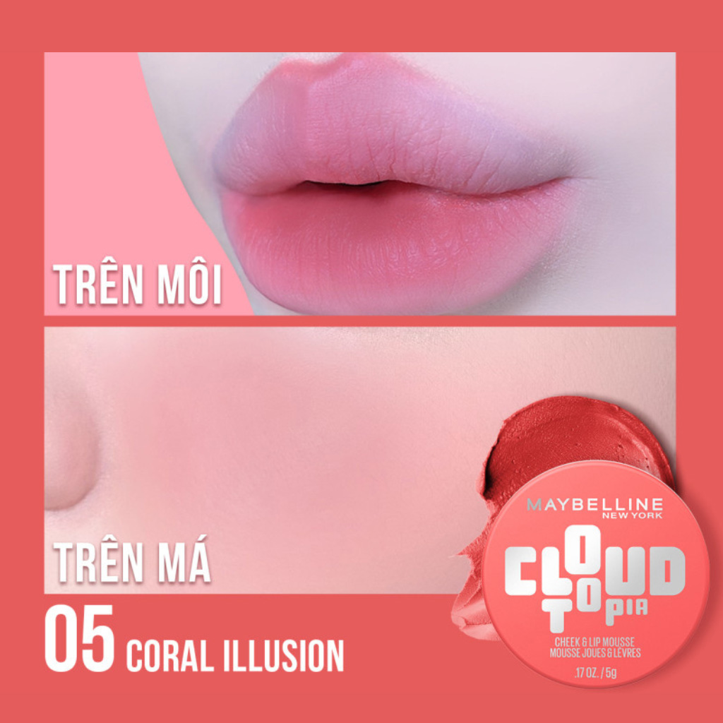 Má Hồng & Son Maybelline Cloudtopia Cheek & Lip Mousse 5g .#05 Coral Illusion