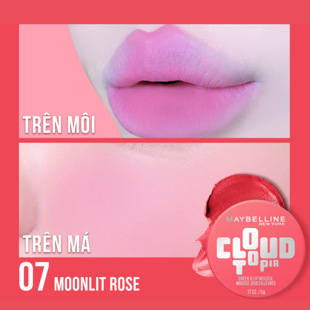 Má Hồng & Son Maybelline Cloudtopia Cheek & Lip Mousse 5g .#07 Moonlit Rose
