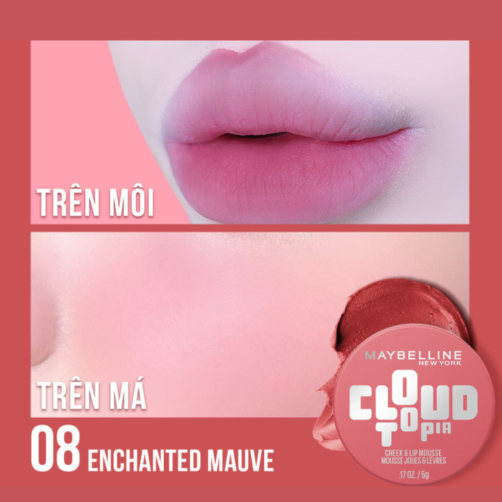 Má Hồng & Son Maybelline Cloudtopia Cheek & Lip Mousse 5g .#08 Enchanted Mauve