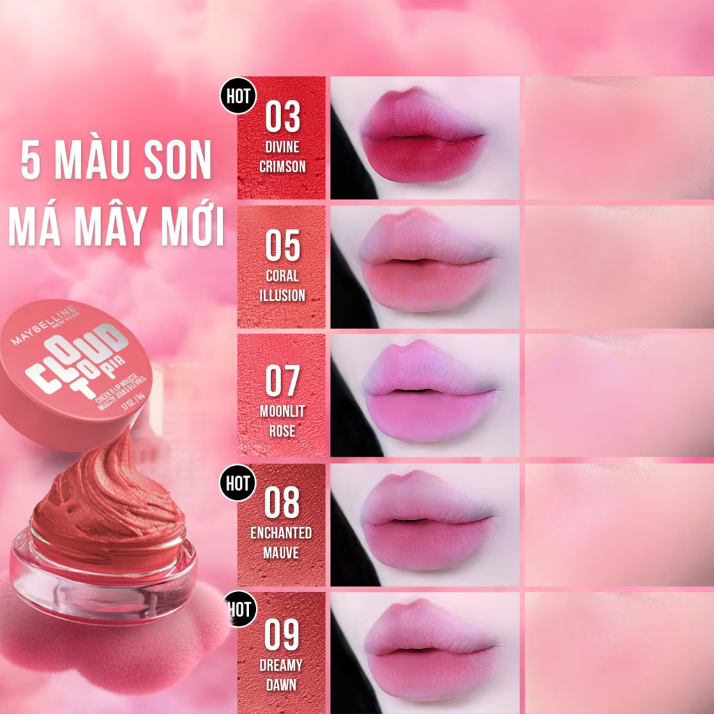 Má Hồng & Son Maybelline Cloudtopia Cheek & Lip Mousse 5g .#09 Dreamy Dawn