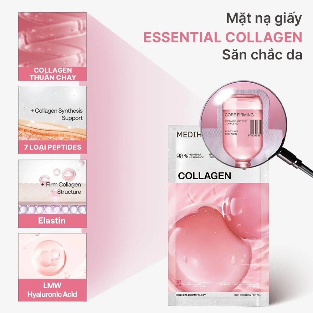 Mediheal Collagen Essential Mask Core Firming 24ml - Provides quick hydration for plump, supple skin, Helps soften skin and reduce dryness, Creates a good moisture base for subsequent skincare steps, Provides a relaxing, comfortable feeling after use Mediheal Collagen Essential Mask Core Firming 24ml
