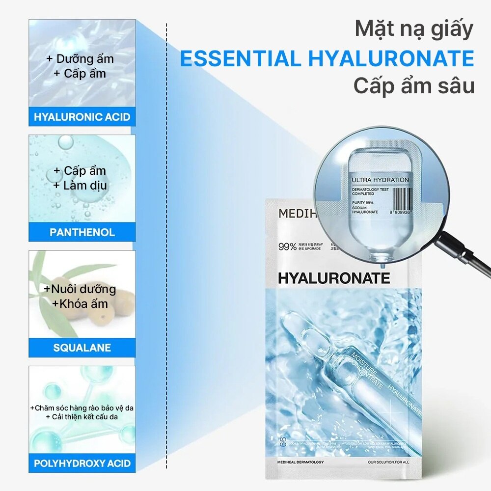 Mediheal Hyaluronate Essential Mask Ultra Hydration 24ml - Provides quick hydration for plump, supple skin, Helps soften skin and reduce dryness, Creates a good moisture base for subsequent skincare steps, Provides a relaxing, comfortable feeling after use Mediheal Hyaluronate Essential Mask Ultra Hydration 24ml